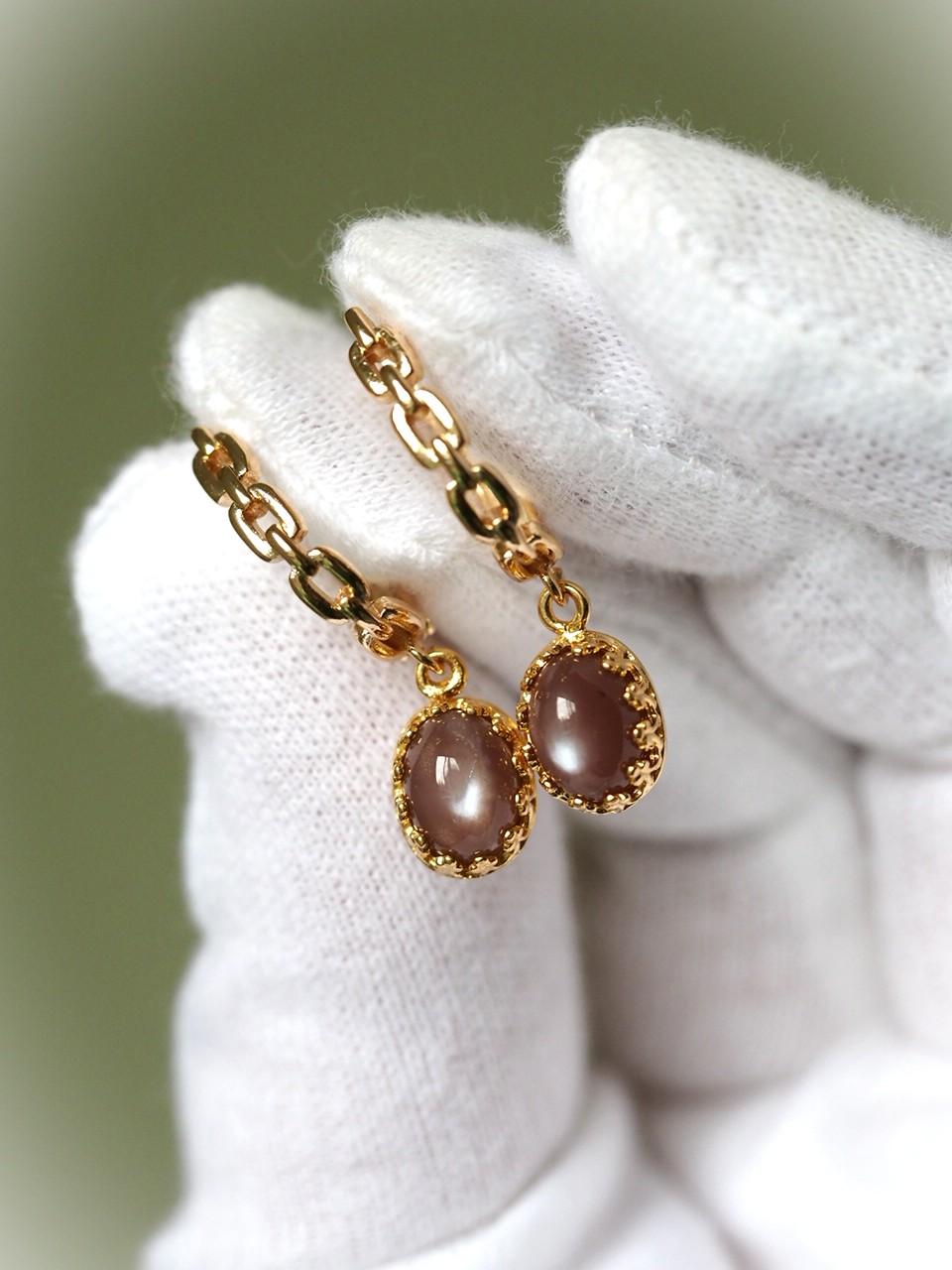 チョコレートムーンストーン8 K14gf製チェーンデザインフープピアス1枚目の画像