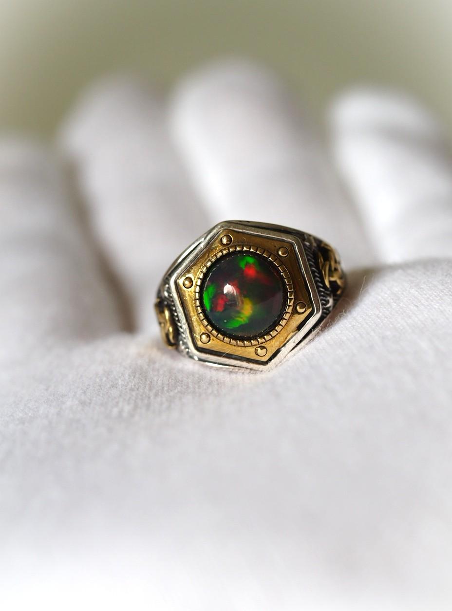 限定1 ブラックオパール10 S925YGPユニセックスリング1枚目の画像